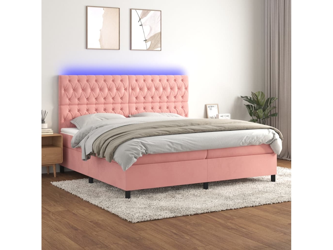 Cama Box Spring Colchón Y Led Terciopelo Rosa 200x200 Cm