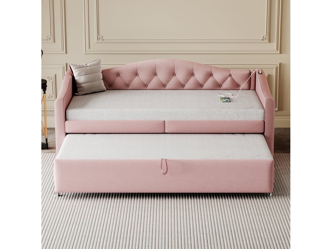 Cama Nido De Lino 90x200 Cm Y 90x190 Cm - Con Puerto Usb Y Somier - Rosa