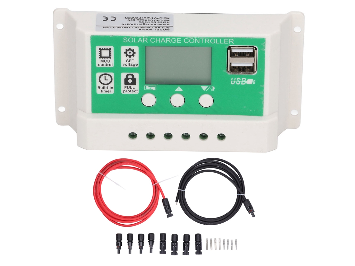 Controlador Solar Pwm De 12v/24v Y 30a Con Puertos Usb Duales Y Cable Fotovoltaico Para Uso Doméstico.
