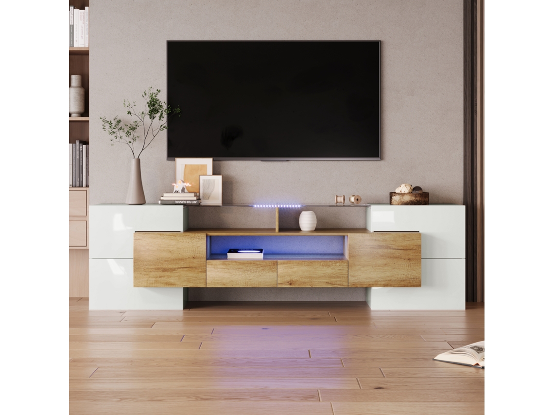 Mueble para TV KOMHTOM en hormigón brillante, 200x30x60 cm, LED multicolor, 6 puertas, 2 cajones, 3 nichos, efecto cristal, blanco natural.