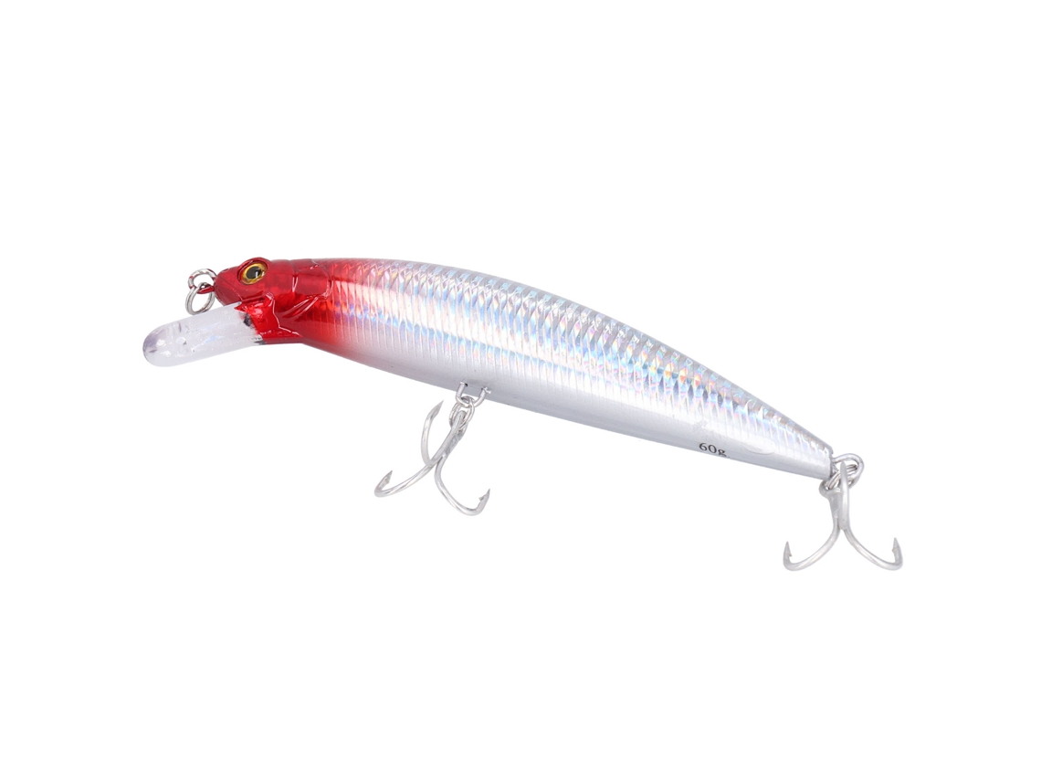 Isca Artificial De Pesca Marítima Sinking 60g Aço Inox Plástico Olhos 3d Com Anzol Triplo Cabeça Vermelha Corpo Branco