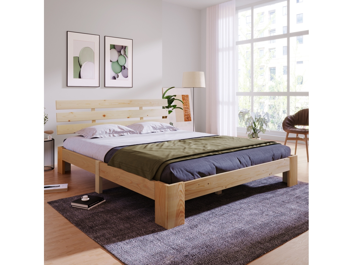 Cama Doble De 140x200 Cm, De Pino Macizo Con Cabecero.