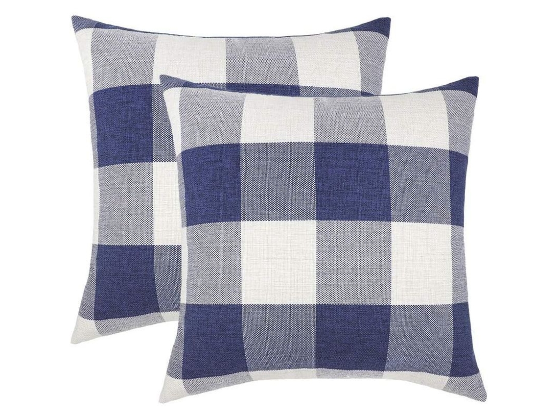 2026-41219-funda De Almohada De Tela De Poliéster Lino Estampado Vichy Rústico Azul Marino Y Blanco 18x18 Pulgadas 2 Unidades