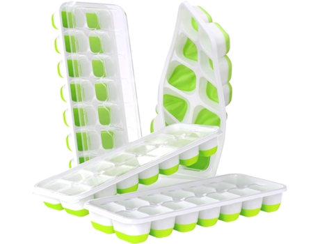 4 bandejas de silicona de fácil liberación y 14 cubitos de hielo flexibles, bandejas de hielo apilables con cubiertas, color verde