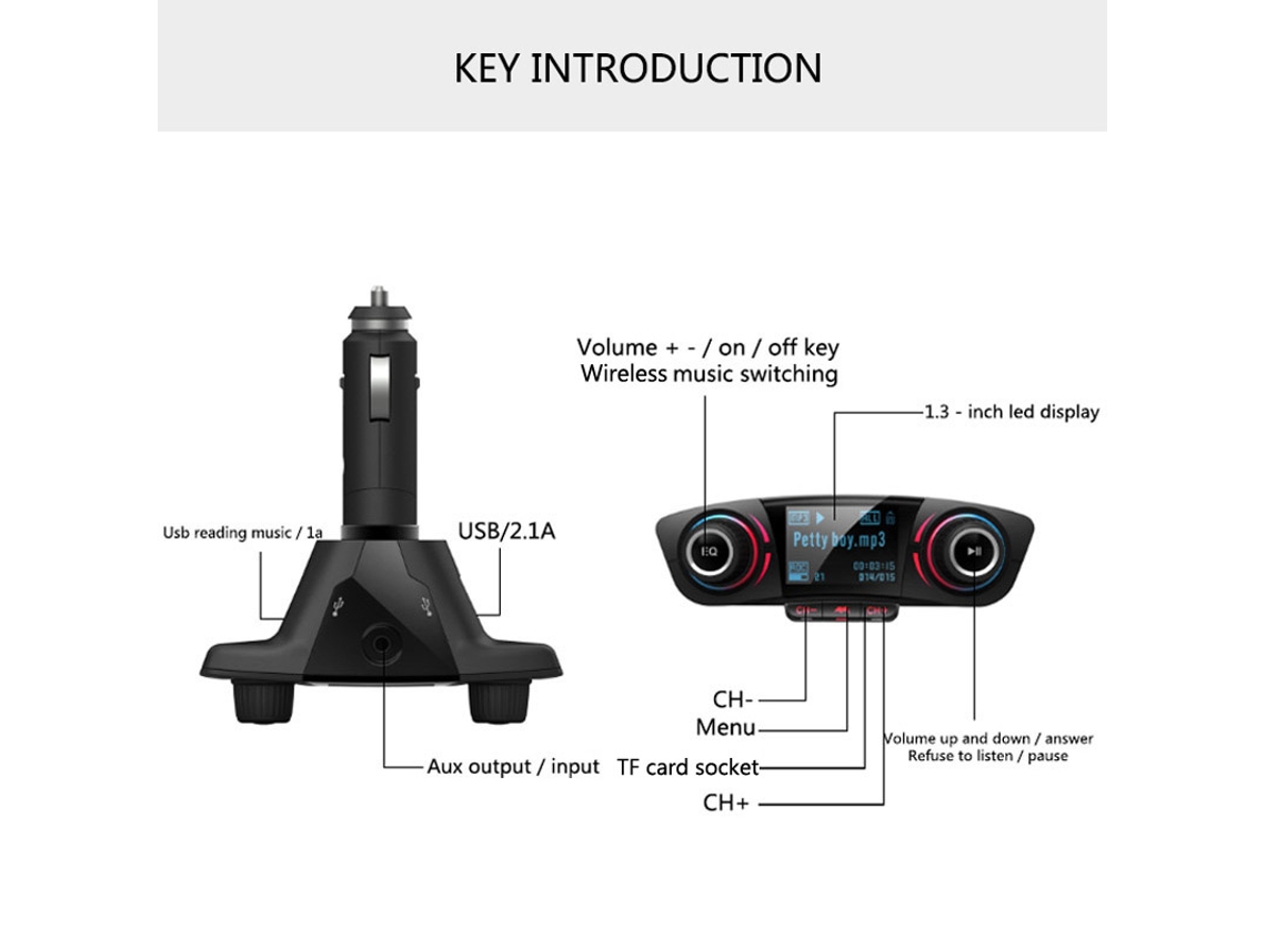 Transmisor FM Inalámbrico AUX Receptor de audio Compatibilidad con disco U Carpeta de tarjeta TF Reproducción Kit de manos libres para automóvil compatible con Bluetooth (Negro) ENZONS