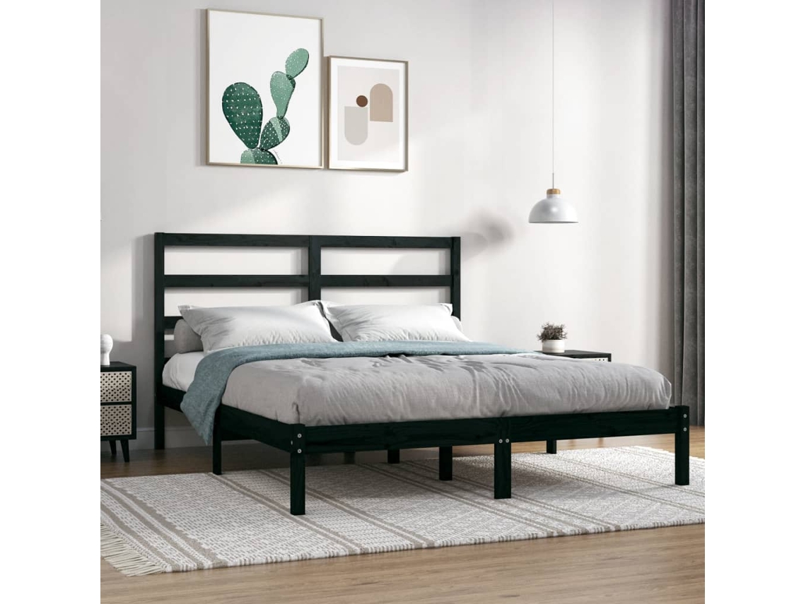 Estructura De Cama De Madera Maciza De Pino Negra 140x190 Cm