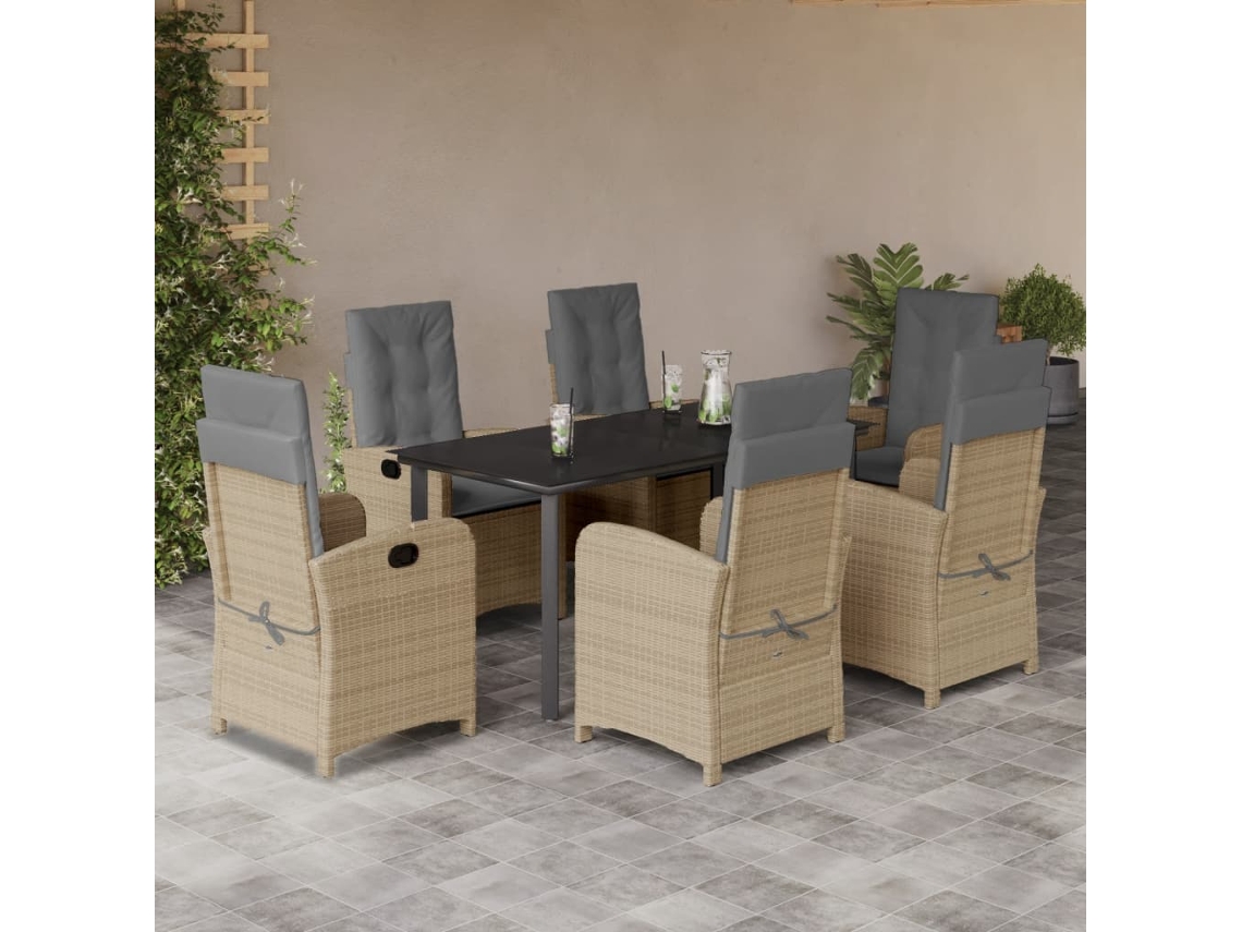 Juego de comedor de jardín de 7 piezas con cojines, mimbre beige mixto, DKD Home Decor
