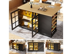 Isla De Cocina Y Mesa De Bar Plegable Multifuncional - Con Iluminación Led, Botellero Inclinado Y Cajón, Ahorro Espacio Apartamentos, Usb - Negro