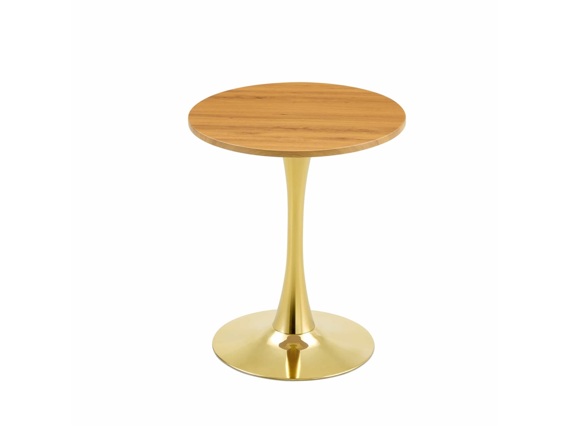 Mesa auxiliar redonda de 60 cm - Tablero de MDF con tecnología termoformada, acabado efecto madera natural, base dorada - Madera natural y oro