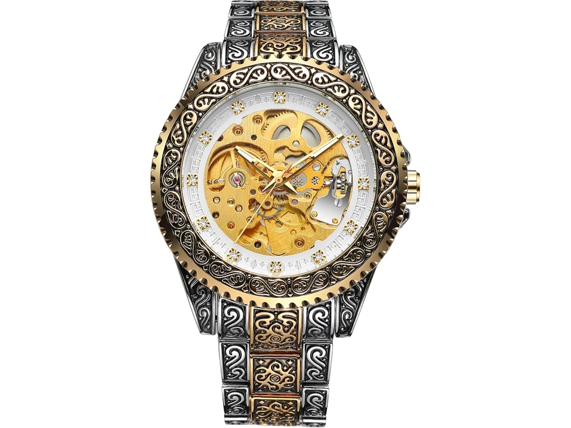 Esqueleto hueco auto-viento mecánico tallado tatuaje automático esfera grande relojes de pulsera con escala de diamante
