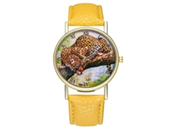 Reloj De Cuarzo Unisex Con Correa De Cuero Pu, Dial Leopardo, Amarillo, Moda
