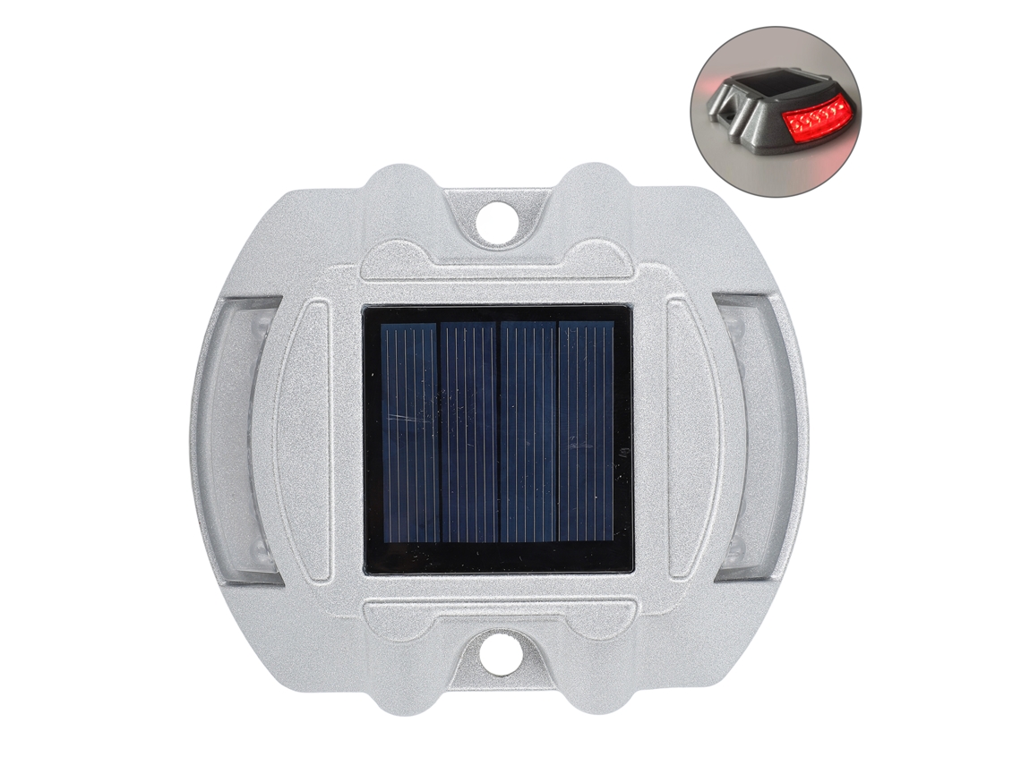 Luminárias solares BJ para terraços, em alumínio prateado, com LED vermelho intenso, ideais para caminhos, escadas e passarelas externas.