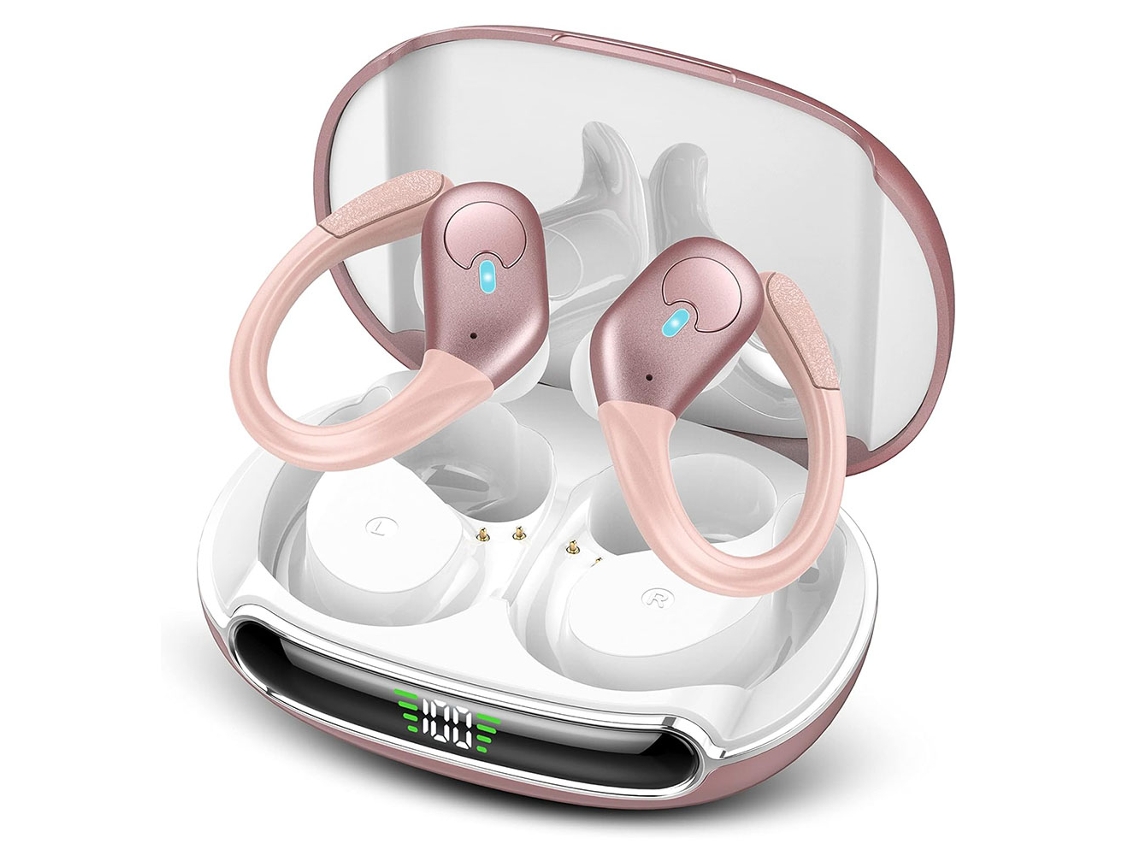 Auriculares deportivos inalámbricos Bluetooth, resistentes al agua, con micrófono y pantalla LED Mdug (rosa)