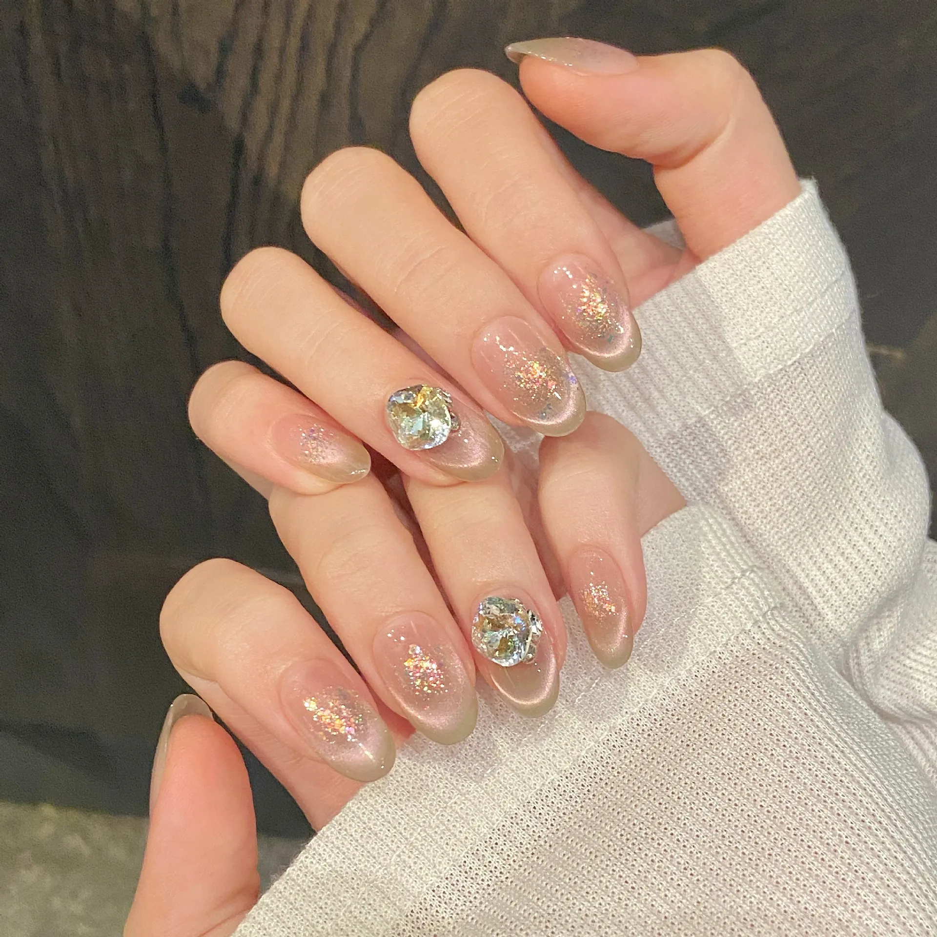 (345-xs) Juego De 10 Parches De Uñas Postizas Ovaladas De Longitud Media Con Diseño Floral, Hechas A Mano.