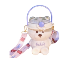Taza De Agua Bonita 1000ml Oso Cartoon Con Tapa Hermética Y Pajita Diseño Para Niños Con Correa Ajustable Beige