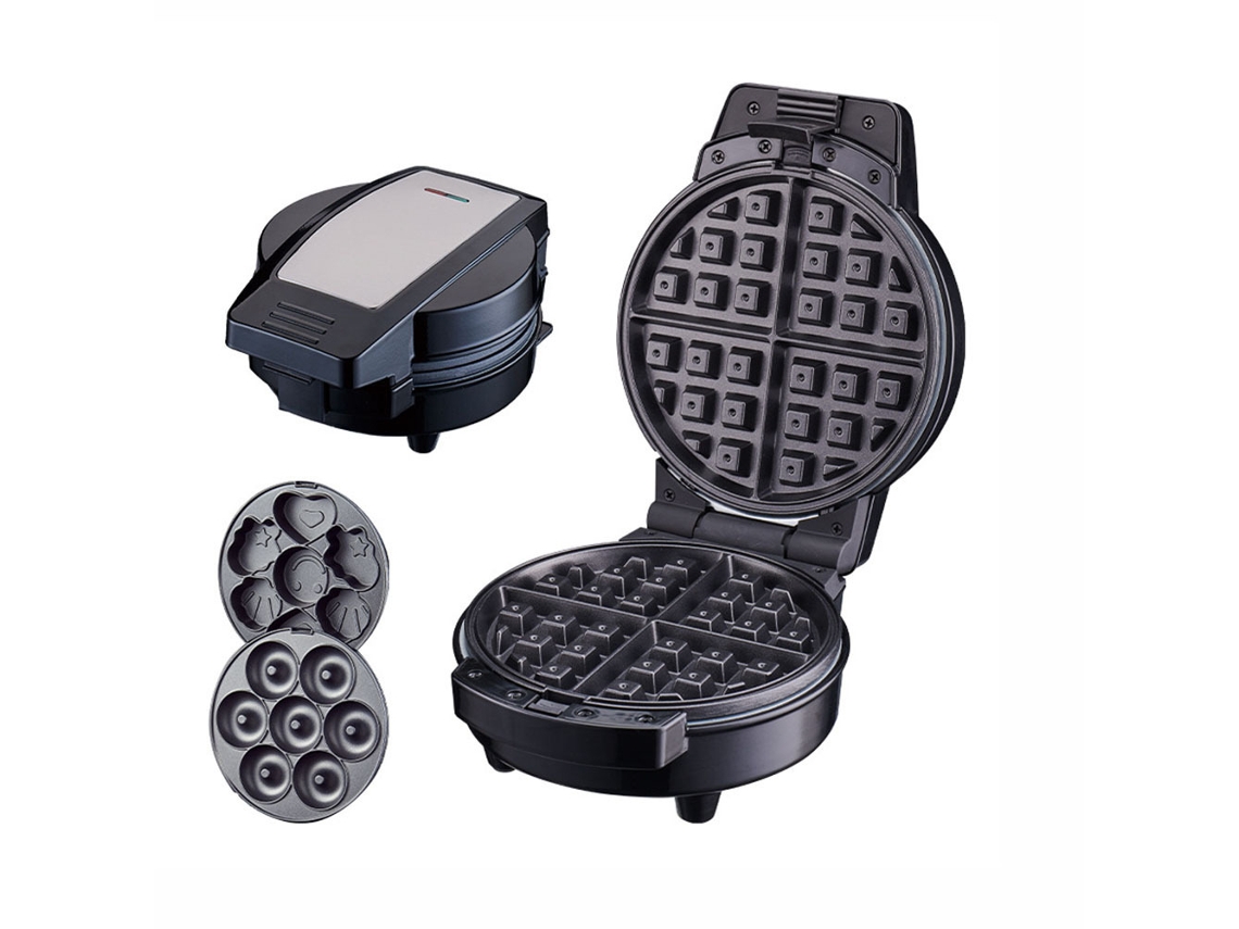 Máquina para hacer waffles, donas, galletas y pasteles 3 en 1 SFUSHOS, diseño de dibujos animados, placa de acero inoxidable, color plateado/negro, enchufe europeo