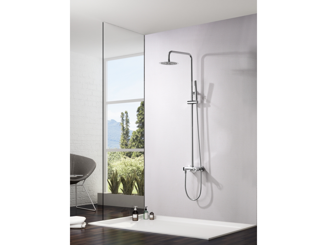 Conjunto de ducha monomando en acero cromado y latón con barra extensible, ducha antical extraplana Ø20 y cartucho cerámico Ø35mm Imex