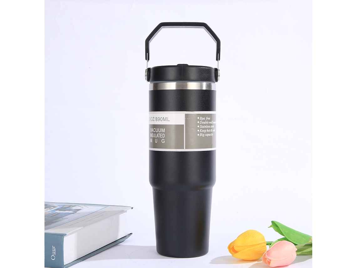 Termo portátil de acero inoxidable para coche con pajita y asa Mdug (negro)