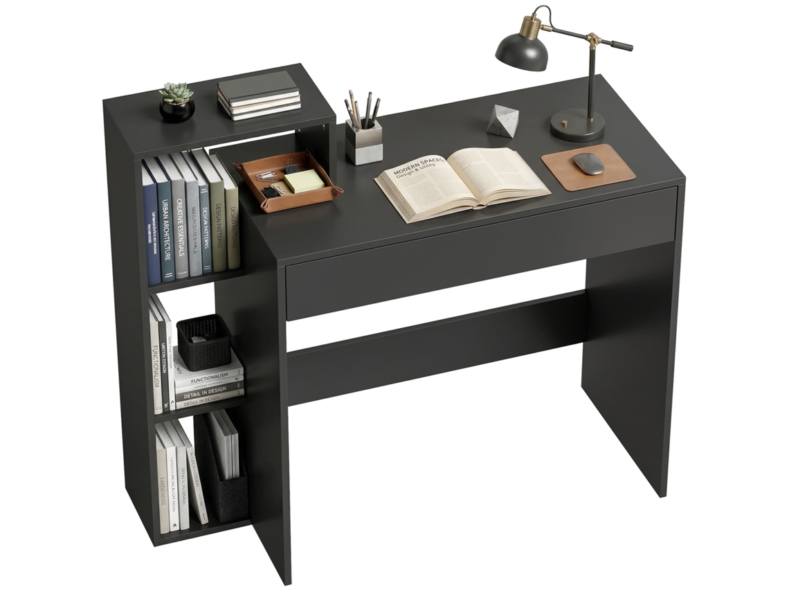 Escritorio moderno para ordenador con 3 estantes abiertos y cajón, madera negra.