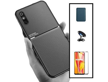 Kit Funda Magnetic Lux, Magnetic Wallet Azul, 5D Full Cover y Soporte Magnético de Coche Xiaomi Redmi 9A Sport PHONECARE Negro