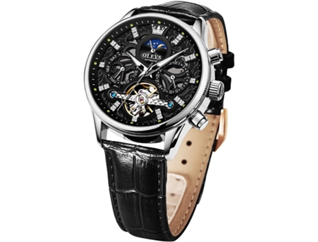 VEANXIN Reloj hueco para hombre, automático, mecánico, de cuero, fase lunar, luminoso, resistente al agua(rostro negro)