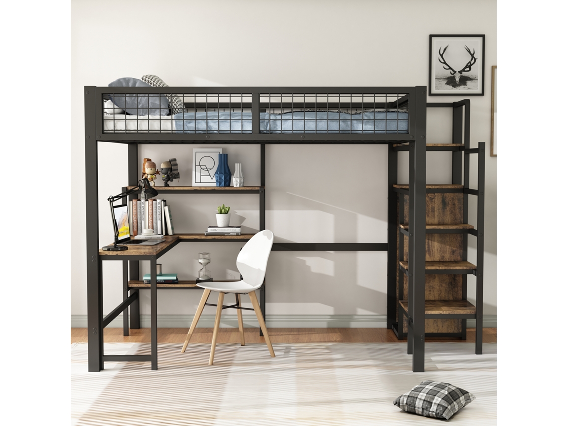 Cama Alta De Metal Negro (140x200 Cm) Con Escalera De Almacenamiento, Múltiples Estantes, Armario Y Escritorio, Sin Colchón.