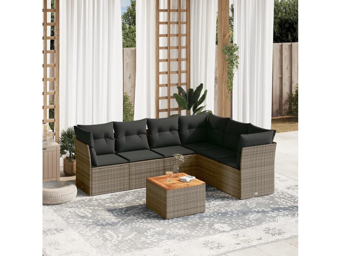 Conjunto de sofá de jardín de 7 piezas con cojines, mimbre gris, DKD Home Decor