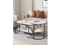 Juego de 2 Mesas de Centro con Efecto Mármol, Diseño Minimalista y Mesa Auxiliar con Soporte Metálico Geométrico, Negro Blanco Rosahqnda