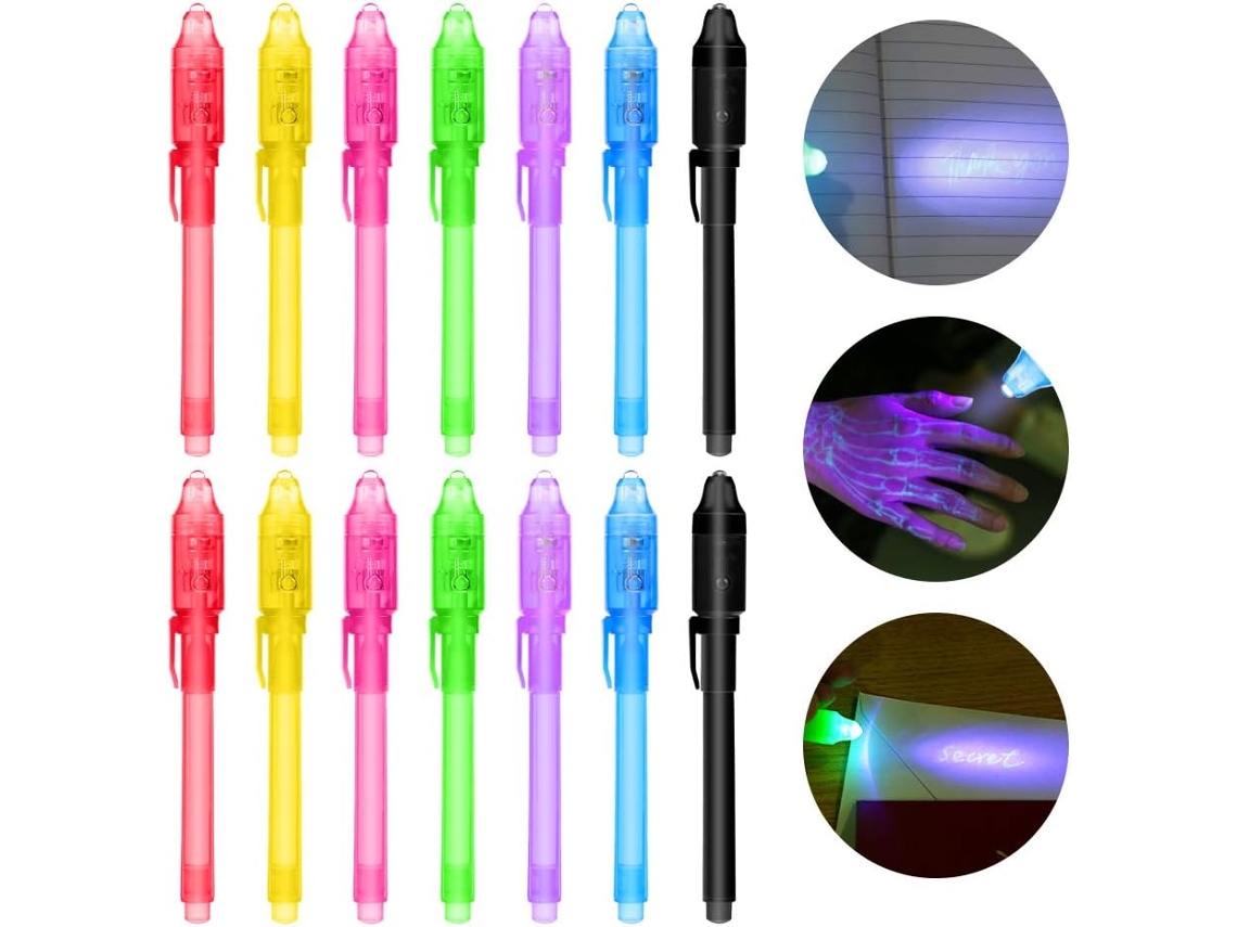 Juego de 14 bolígrafos con luz UV multifuncionales (2 de cada color) - Bolígrafos con luz invisible RNEMITERY