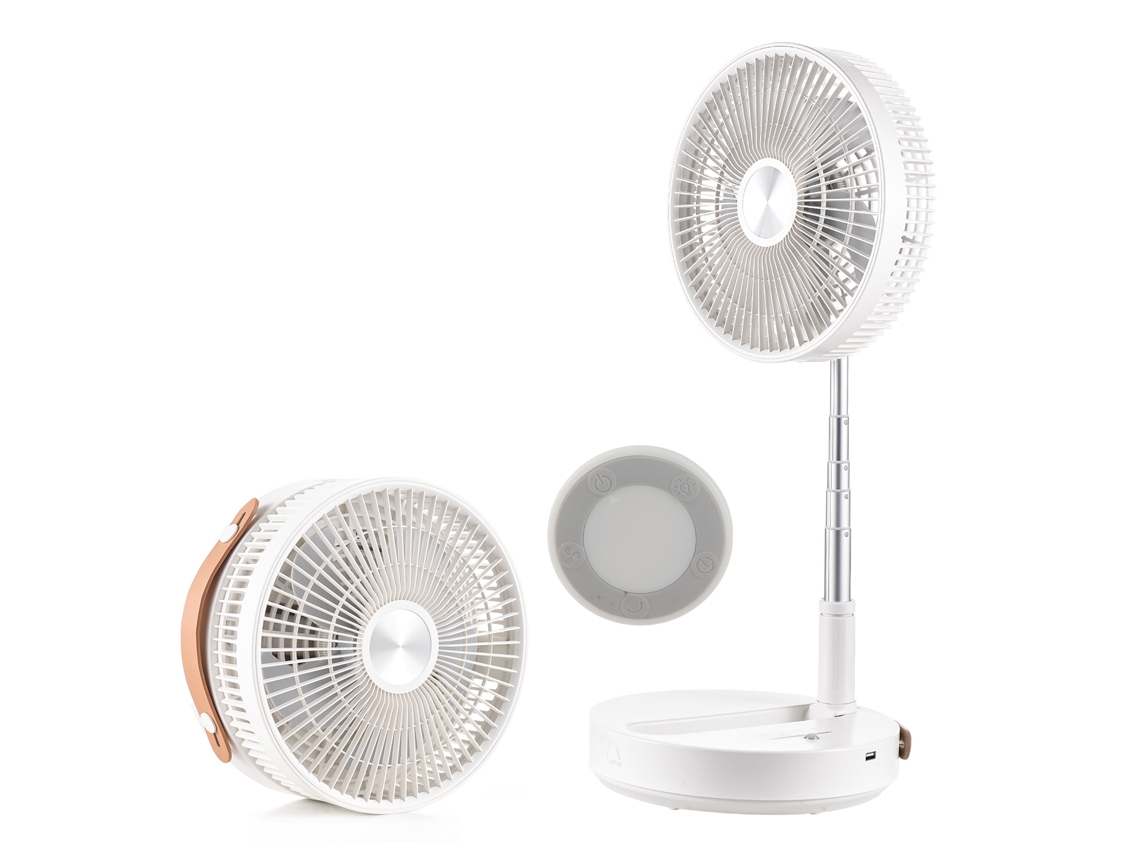 Ventilador portátil plegable con batería recargable y control remoto.