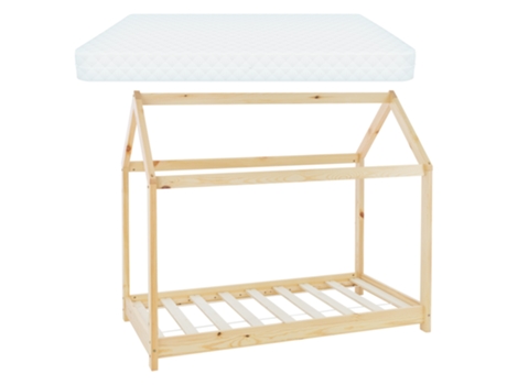 Cama infantil forma de casa madera pino natural colchón espuma fría 70 x 140cm ML-DESIGN