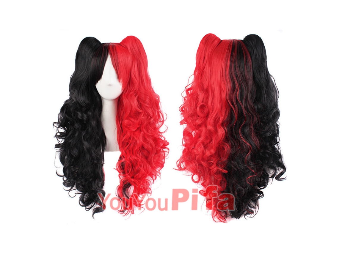 Peluca De Cosplay Negro Y Rojo Con Colas De Caballo Dobles, Ondulada, Ideal Para Fiestas, Eventos De Anime Y Fantasía