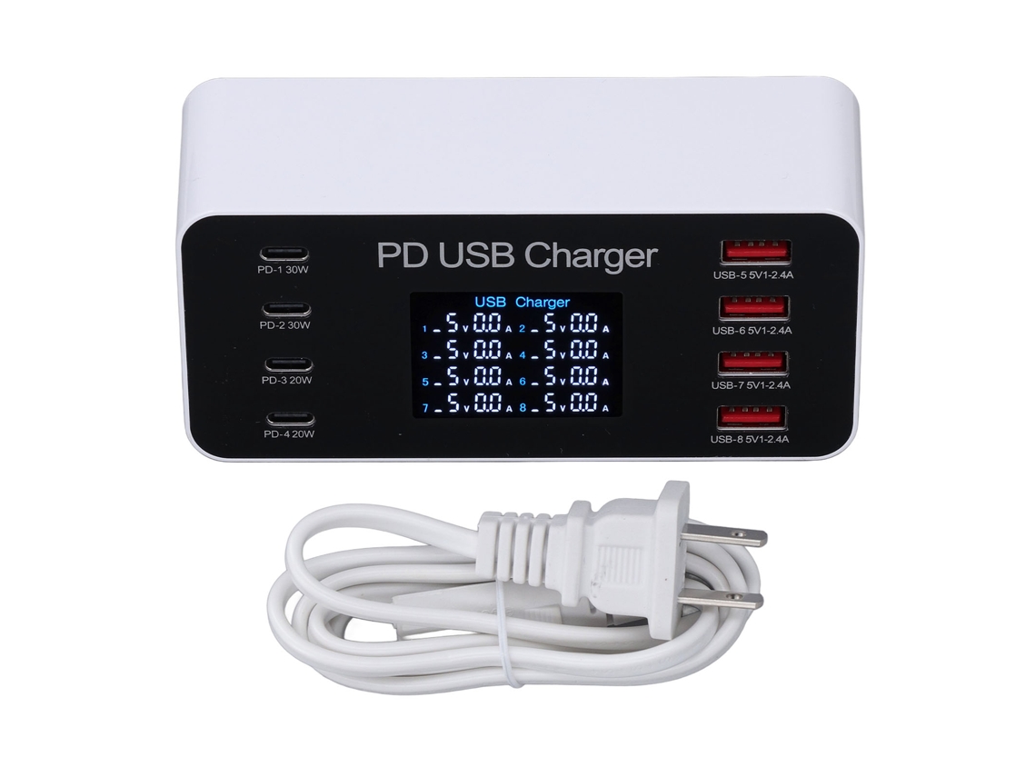 Estação De Carregamento Usb Com 8 Portas 65w Com Display Lcd Qc3.0 Pd30w Usb C Para Ios Tablet Macbook Pro Air Galaxy 100‑240v Plug Us