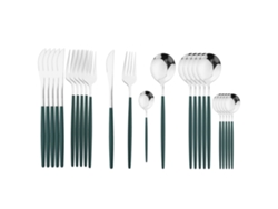 Juego de cubiertos de acero inoxidable de 24 piezas, que incluye cuchillo, cuchara y tenedor. MDUG (verde y plateado)