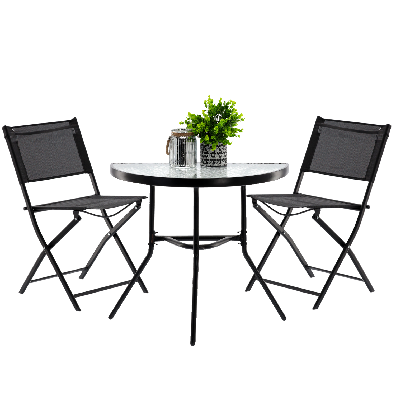 VENPRODIN - Juego Muebles De Balcón - Mesa Media + 2 Sillas Plegables Color Negro