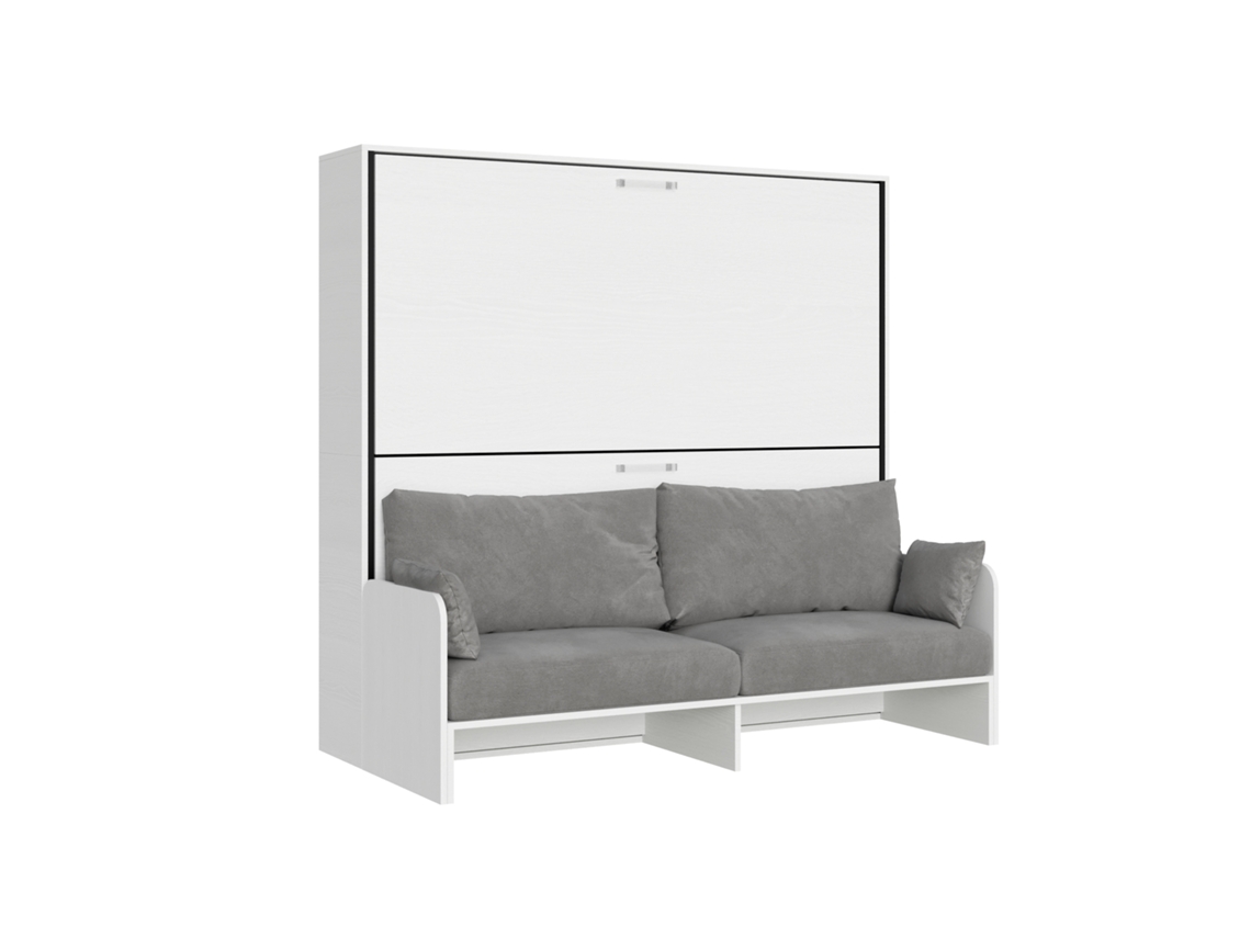 Cama Doble Abatible Kando Con Sofá De Fresno Blanco, Gris