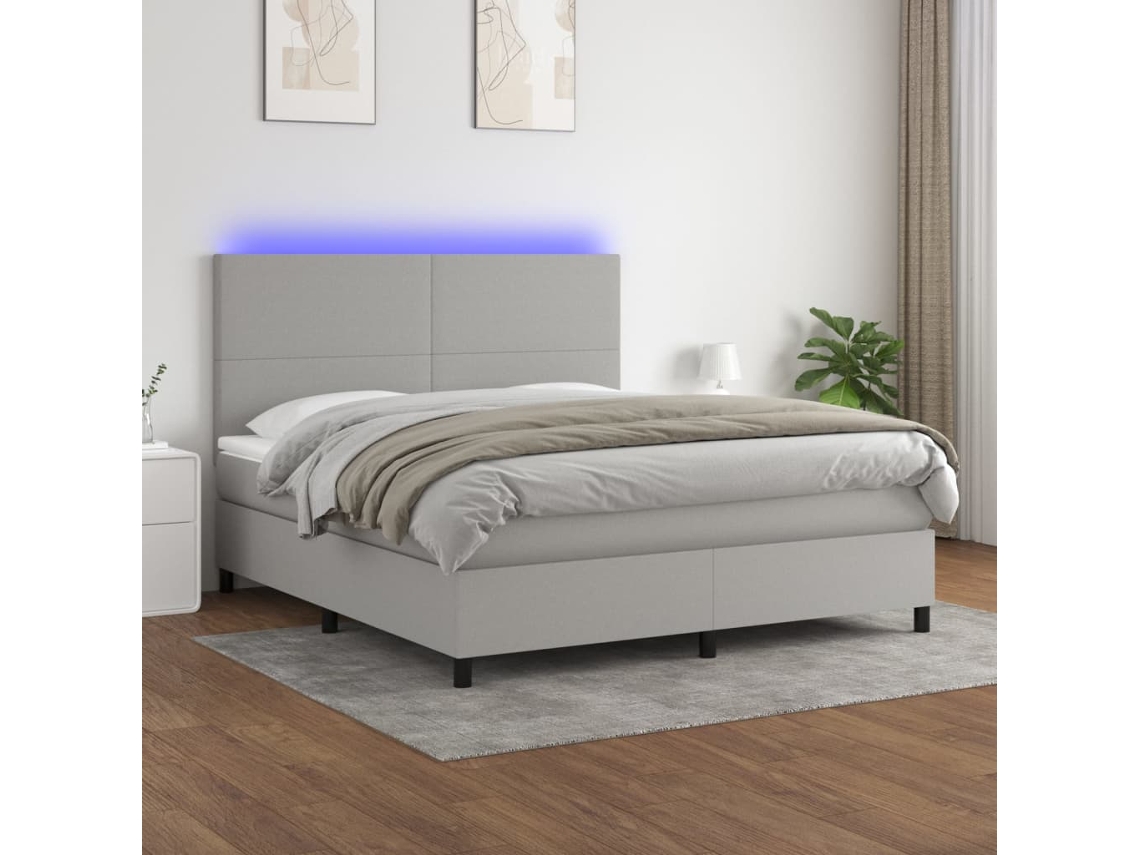 Cama Box Spring Colchón Y Luces Led Tela Gris Claro 180x200 Cm