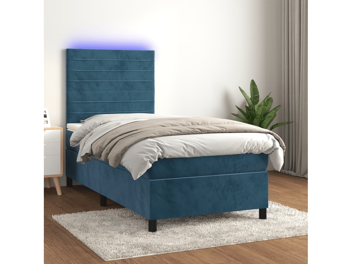 Cama Box Spring Colchón Y Led Terciopelo Azul Oscuro 80x200 Cm