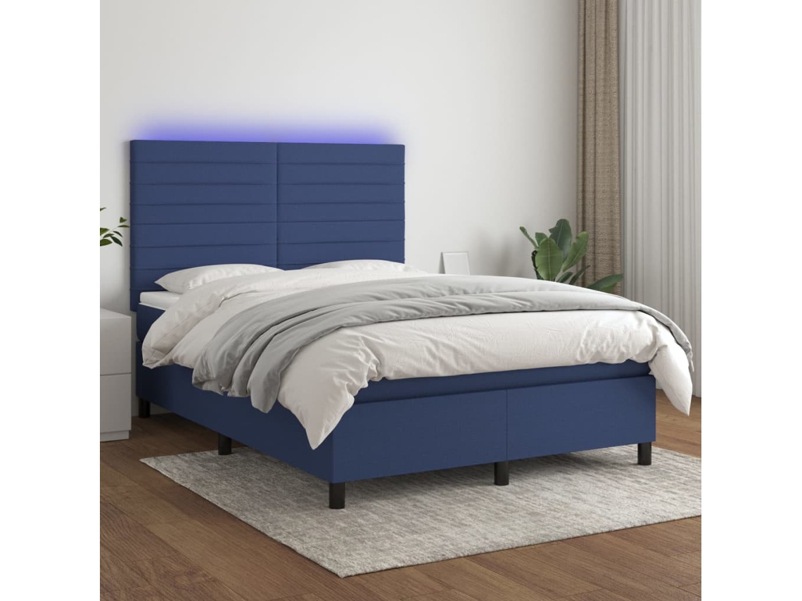 Cama Box Spring Colchón Y Luces Led Tela Azul 140x190 Cm
