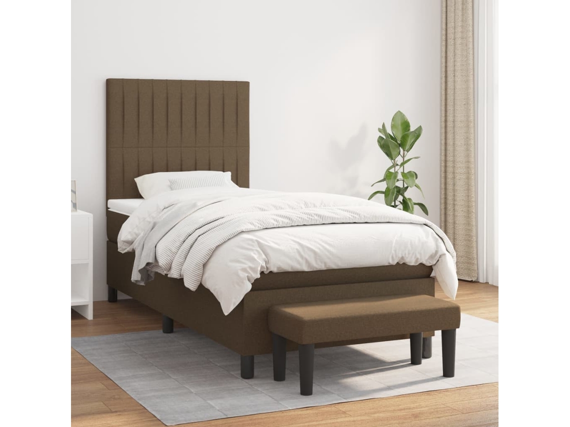 Cama Box Spring Con Colchón Tela Marrón Oscuro 90x200 Cm