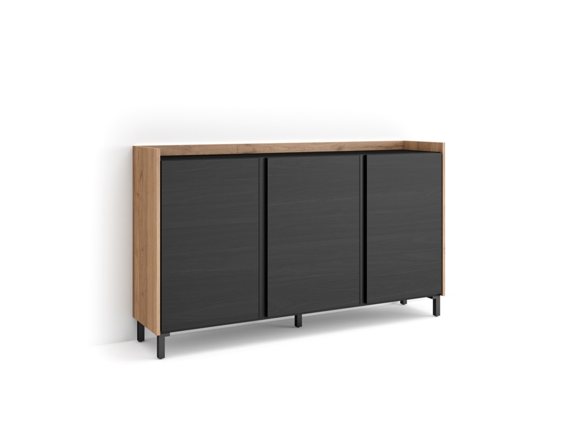 Aparador de comedor, 156x35x91cm, 3 puertas, diseño industrial, LED, negro y roble.