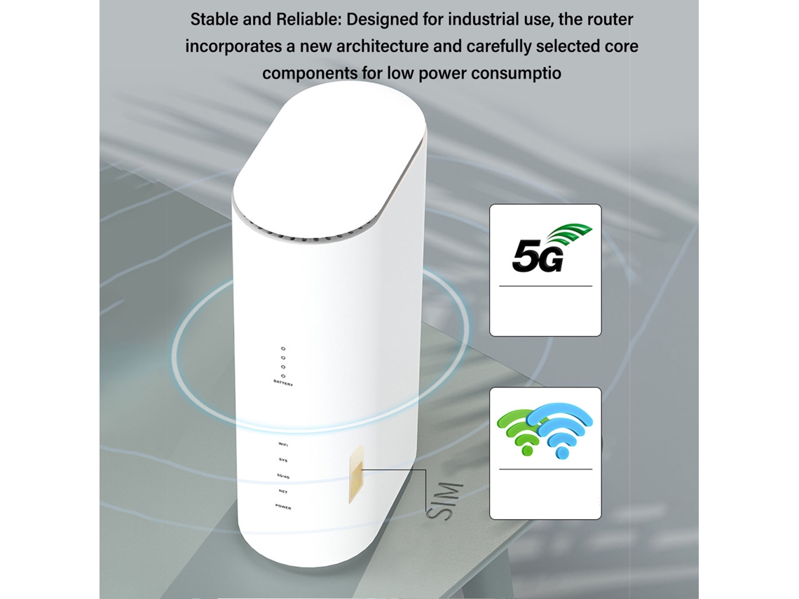 Router portátil 5G CPE WiFi 6 de doble banda con antenas y ranura para tarjeta SIM.