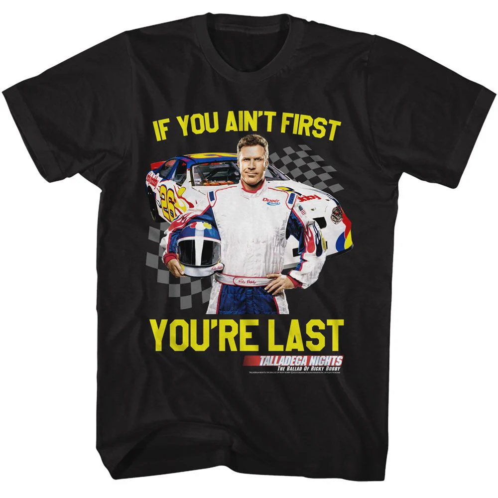 Unisex Adult T-shirt Rockinstone Talladega Nights Movie Not 1st You're Last Checkered Black Sizexxl