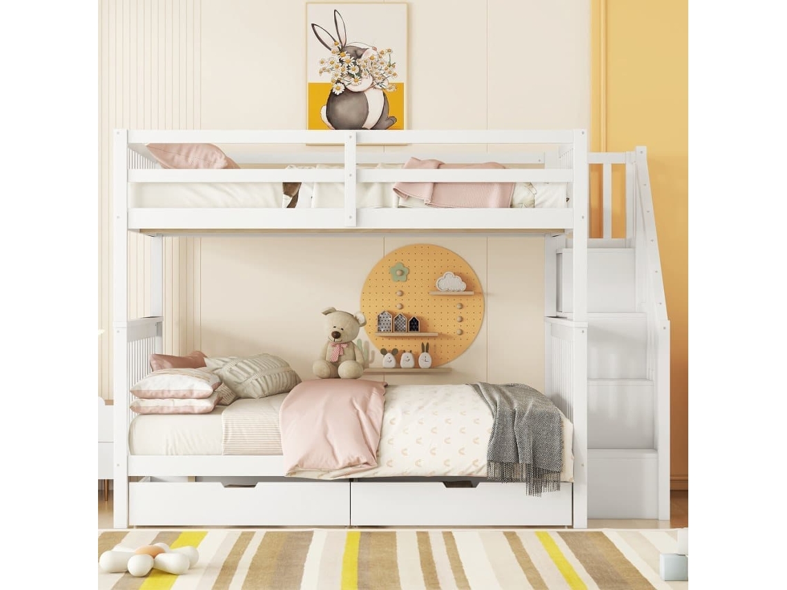 Litera 140x200 Cm - Estante De Escalera, Con Dos Cajones, Barandillas Altas, Certificación En747-1 - Blanco