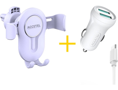 Kit Cargador Coche, Cable Type-C y Soporte Móvil ACCETEL CC267 SP-118 (Blanco)