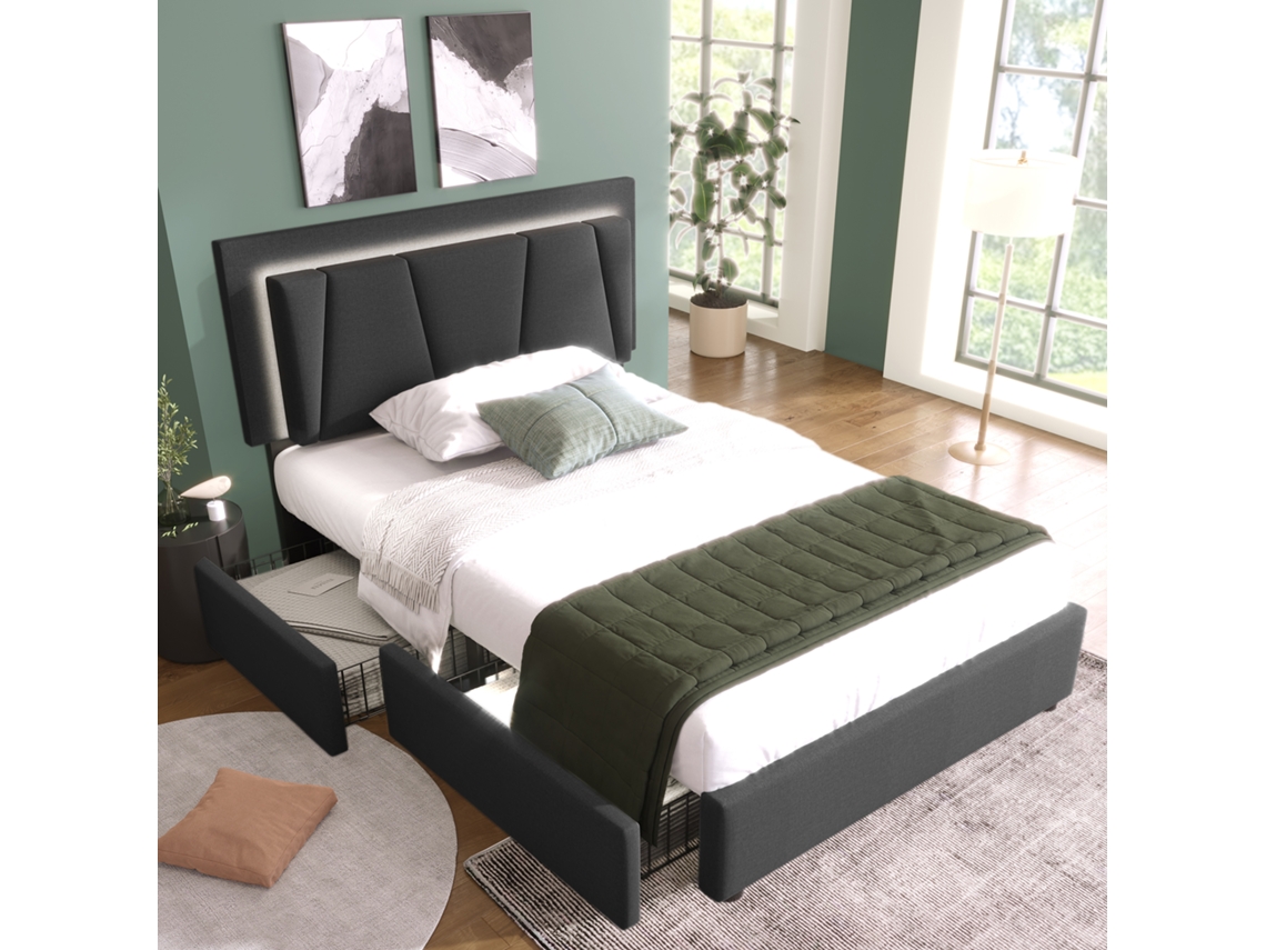Cama de 90x200 cm con 2 cajones, LED, somier de láminas, estilo lino gris
