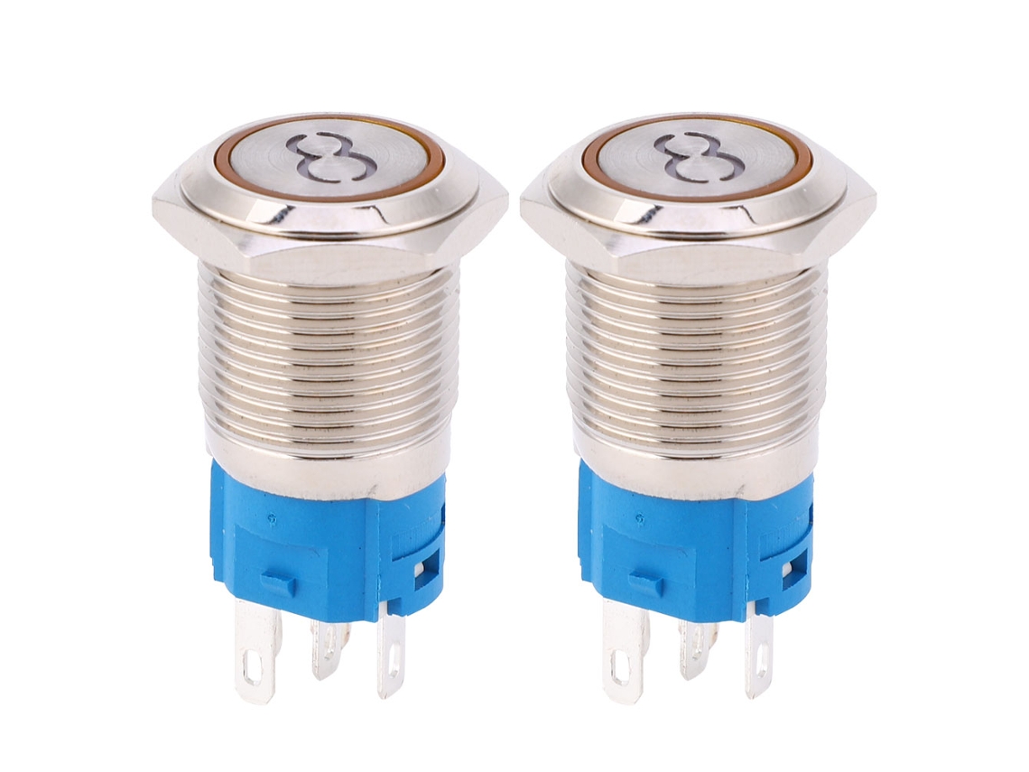 Botón Pulsador De Reinicio Automático De Acero Inoxidable De 16 Mm, 5 Pines, Símbolo '8' Amarillo, 12 V Cc, 2 Unidades.