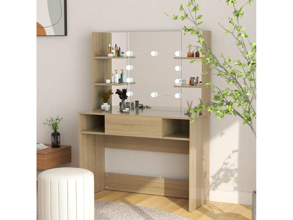 Tocador | Mesa De Vestidor De Maquillaje Con Luces Led Mdf Roble 100x40x135 Cm