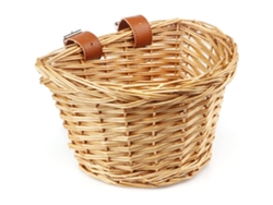 Cesta de mimbre ecológica y elegante, tejida a mano, con correas de cuero ajustables que garantizan una sujeción segura al manillar delantero.