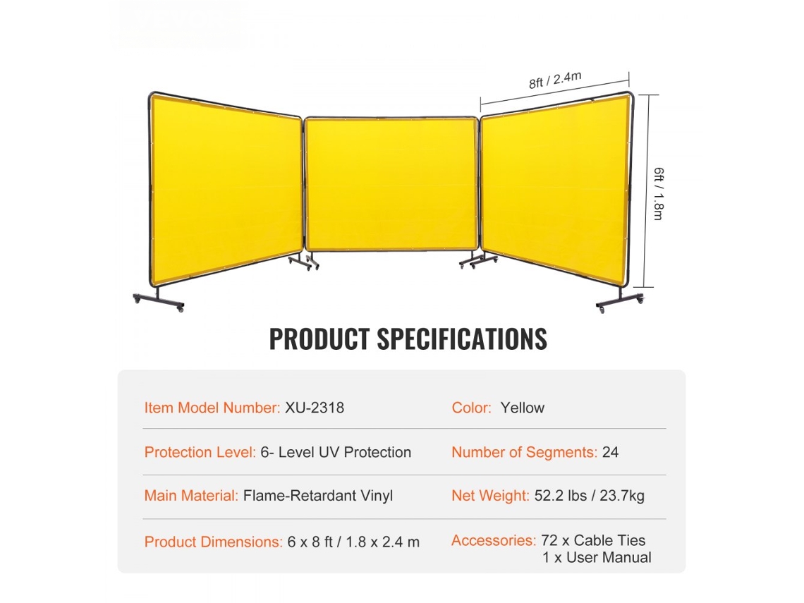 Panel de protección para soldadura de 3 secciones, 1,8 x 2,4 m, vinilo amarillo con ruedas Tekmaquinas